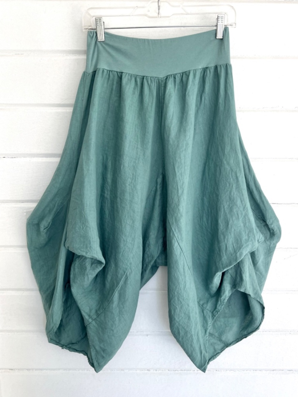 MEO MELI Made In Italy 100% Linen Cropped Harem Pants in Teal Green - S